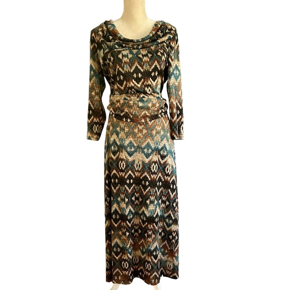 Evan Picone Y2K Brown Teal Abstract Chevron Shirt Midi Skirt Set Size M/L